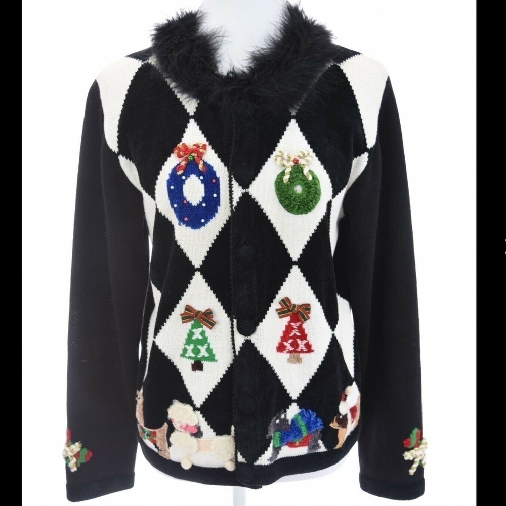 Vintage Berek Boa feather Poodle Jingle Bells on Wreaths  Sweater Size L.